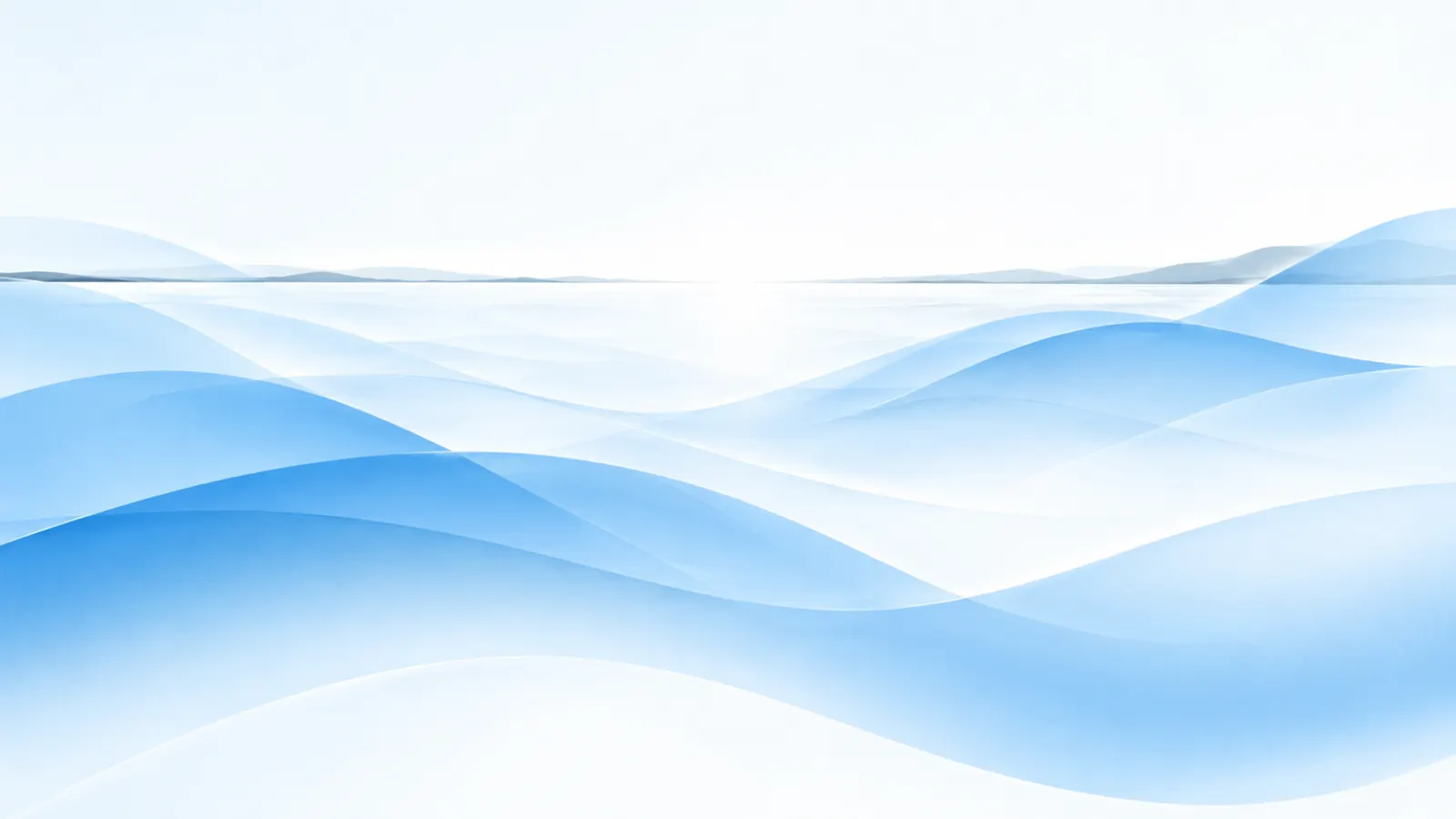Layered translucent sky-blue waves rising gently across a white field toward a soft graphite horizon line